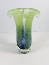 Hand Blown Neon Green Blue Art Glass Vase Spotted Fluted Trumpet 8