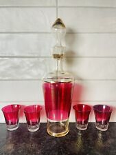 Decanter and 4 Shot Glasses Etched , Cranberry Glass, Vintage Barware picture