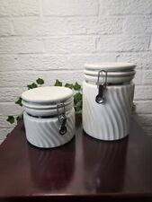 2 Vintage White Winesome Canisters Cookie Jars Silver Metal Latch Swirl Pattern picture