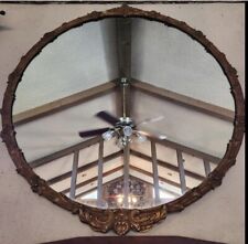 40” Vintage Round Gold Brass And Wood Floral Mirror picture