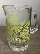 Vintage Ice Lip 1L Glass Pitcher Jug Green Fern Fronds Decal Print Retro Barware picture