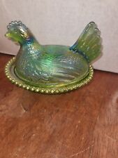 Hen On Nest Vintage Indiana Glass Co BeadedGreat Shape Rare Green Incandescent  picture