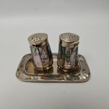 Vintage Mexico Alpaca Silver Tone Abalone Salt & Pepper with Tray picture