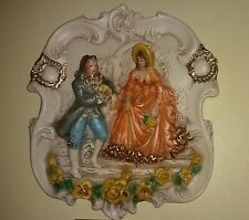 Vintage Colonial Couple Rococo Chalkware Plaster Wall 3D Plaque Mid-Century 60's picture