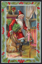 Red Robe  Santa Claus with Tree~Toys ~Holly~Antique  Christmas Postcard~k262 picture