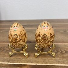 Hand Crafted Burned Wooden Egg Art Gold Trim w/Stand Set Of 2 Vintage picture