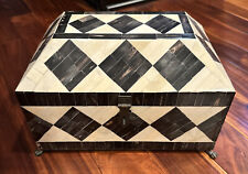 Vintage Tessellated Bone Inlay Footed Jewelry Storage Box Felt Lined Black White picture