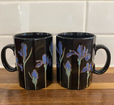 Two 2 Otagiri Blue Iris Mugs Japan 8 oz Gold and Blue Flowers Black Background picture