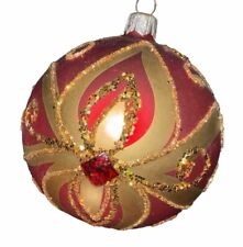 Vintage Large Hand Blown Glass Ornament Glittered Red Gold Designs picture