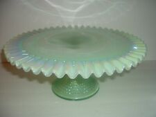 Fenton Glass Green Opalescent Hobnail Ruffled Rim Cake Stand picture