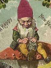 Gnome New Year Postcard Two Elves Sit Saw Mushroom Clover Packs Pipe Austria picture