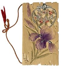 Antique Christmas Card w Poem Purple Iris Silver Heart Ribbon Embossed Cut Out picture
