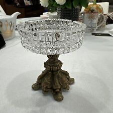 Vintage Brass Pedestal Crystal Ashtray Candy Dish Hollywood Regency 5.5” picture