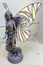 Beautiful Tiffany Style Pixie Fairy with Stained Glass Wings Brass Figure picture