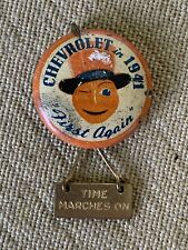 Vintage 1941 Chevrolet First Again Pinback Button Pin Orange White picture