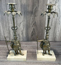 ANTIQUE BRASS CANDLESTICK MARBLE WARRIOR CANDLE HOLDERS 1850 SET OF 2 picture