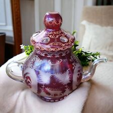 Bohemian Czech Glass Ruby Red Cut To Clear Teapot Stag Vintage 1940s 10