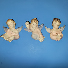 Vintage Porcelain Hand Painted Angel Cherub Wall Hanging Italy 5 x 5” Lot of 3 picture