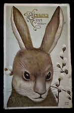 CUTE~BIG BROWN BUNNY RABBIT w/ PUSSY WILLOW~FLOWERS~ANTIQUE EASTER POSTCARD~h-24 picture