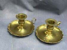Vintage Solid Brass Scalloped Edge Candlestick Holders With Loop Finger Ring picture