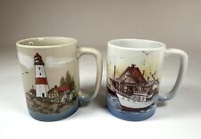 Pair 2 Vintage Otagiri Fishing & Sail Boat Lighthouse Coffee Mugs Cups Nautical picture