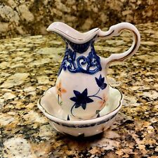Antique Gaudy Welsh Miniature Pitcher & Bowl Embossed Blue Floral picture