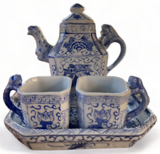 Vintage Blue and White Chinese Porcelain Dragon Tea Set Tray Signed Dragonware picture