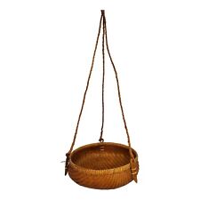 Vintage Rattan Planter Fruit Basket Hanging Wicker Storage Carved Wood Boho picture