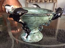 Beautiful Majolica Pottery Dolphin Pedestal Centerpiece Bowl Rustic Glaze 13
