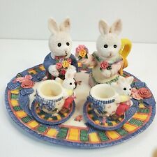 1995 Young's Inc. Miniature Mini Tea Set Bunny Rabbit Flowers Design 7 pc Easter picture