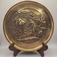 Vintage Solid Brass Wall Plate Plaque Rice Farming Scene W/ Bull 13” Wide Heavy picture