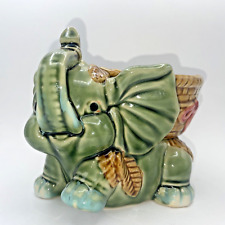 Vintage Ceramic Haooy Elephant Planter Trunk Up Green Pottery Brown Green Glaze picture