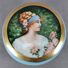 T&V Limoges Hand Painted Signed Lady With Roses Blue & Gold Large Powder Box picture
