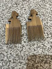 Vintage  Lot Of (2) African Hand Carved Wooden Hair Comb Afro Pick picture