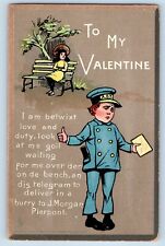 Artist Signed Postcard Valentine Woman Waiting On The Bench A D T c1905 Antique picture