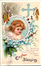 Vintage C. 1910 Easter Blessing Embossed Postcard Portrait of Cute Girl Flowers picture