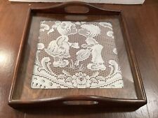 Vtg Wood Serving Tray w/Handles White Lace Under Glass Boy Girl Kissing 12