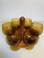 Vintage MCM Brandy - Cognac Amber 6 Glass Set & Teak Display Stand *Bar Decor picture