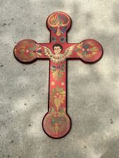 Antique Rustic Crucifix Cross Wooden Hand Painted Santos Niños Angel 27”x19” picture