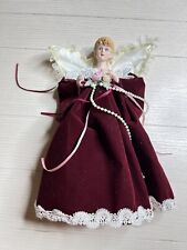 Vintage Angel Tree Topper Burgundy Velvet Dress Porcelain Head & Hands 12” picture