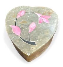 Vintage Hand Carved Soapstone Heart Trinket Pill Box Inlaid  Mother Pearl Floral picture