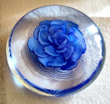 VTG Paper Weight Paperweight Art Glass Blue Flower Heavy Flat 4.5
