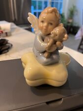 Vintage Porcelain Little Boy Angel With teddy bear  2 Piece Trinket Box 4” Tall picture