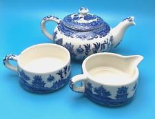 Vintage Blue Willow 4 Piece Tea Pot Cup Creamer Blue White Unmarked No Damage picture