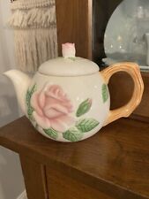 VNTG Teleflora Pink Embossed Rose Teapot W/Woodlike Handle picture
