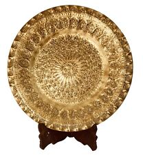 Moroccan Etched Brass Tray Round Hand Crafted 14” Sun Rays Design Shiny VTG picture