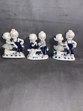 Enesco 1980 Blue And White Porcelain Girl And Bit Lot Of 3 Flowers Whisper picture