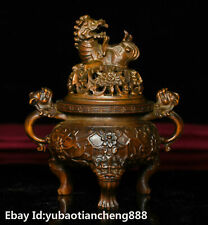 China Folk Boxwood wood Carved lion Beast incense burner censer incensory Statue picture