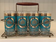 8 MCM Vintage 1972 Retro Turquoise & Gold Highball Barware Glasses 5