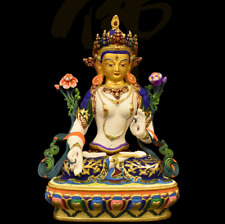 9'' Tibetan Buddhism White Tara Hand painting Buddha Bronze 24k gilt Statue picture
